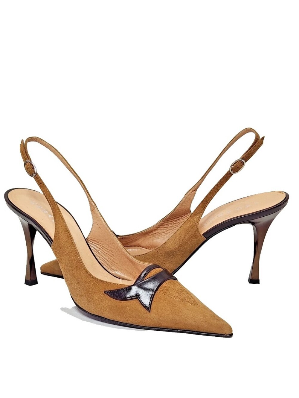 CASADEI Tan Suede Singback Pumps Copper Twist Heel Sz 8 Brown Leather Point Toe
